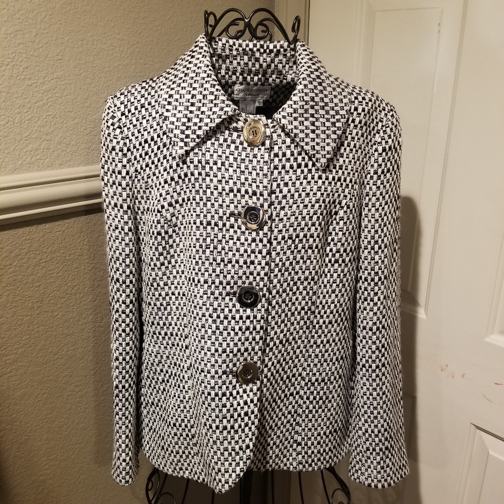Charles Gray London Black White Jacket Silver Buttons Size Small Fabulous!